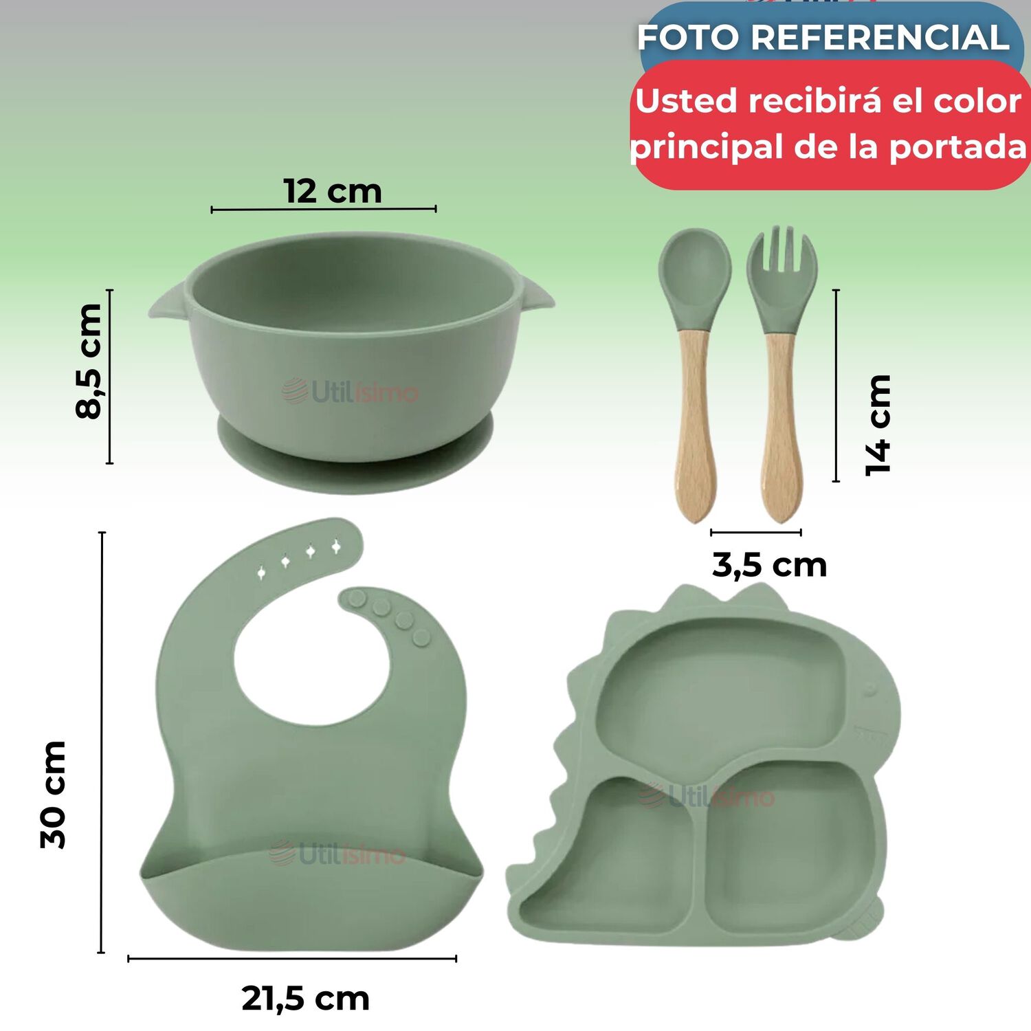 Set Alimentaci&oacute;n Silicona Beb&eacute; 5 Piezas Dinosaurio Libre Bpa Color Verde image number 2.0