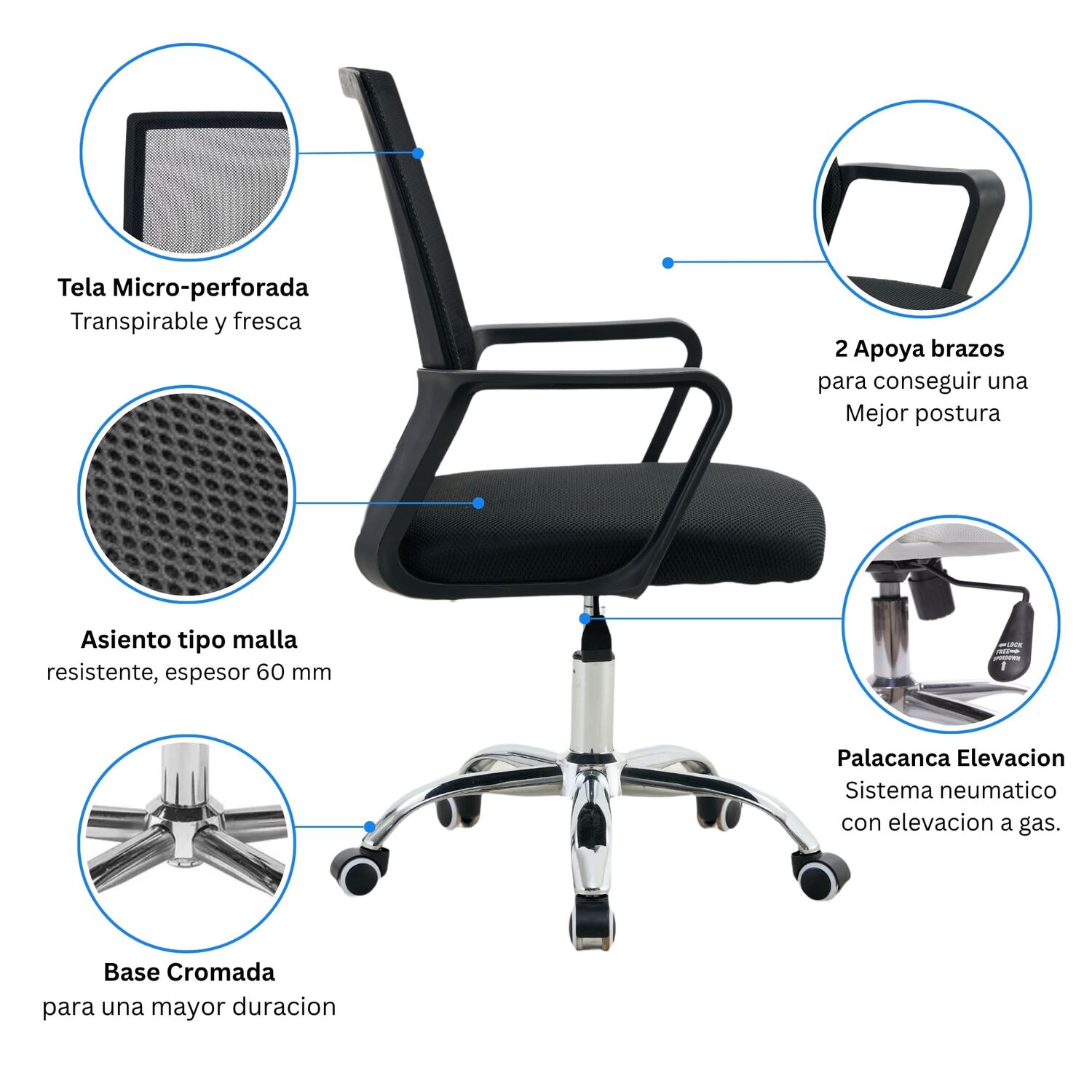 Silla De Oficina Ergon&oacute;mica Santiago Con Altura Ajustable Y Soporte Lumbar image number 1.0