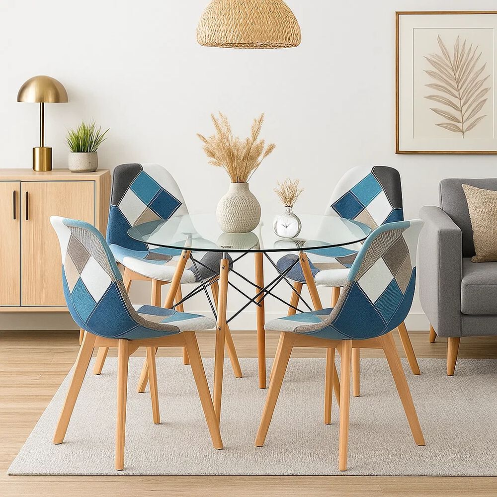 Comedor Mesa Eames Redonda Vidrio 80cm + 4 Sillas Eames Patchwork Tela Wood Celeste image number 2.0