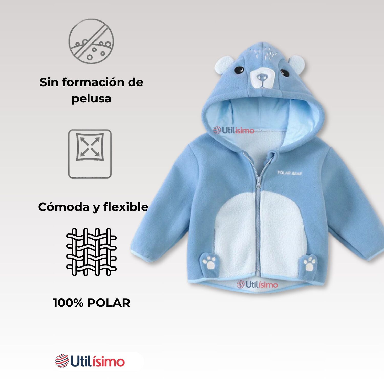 Chaqueta Polar Manga Larga Con Capucha Ni&ntilde;o Y Ni&ntilde;a Azul Oso image number 3.0
