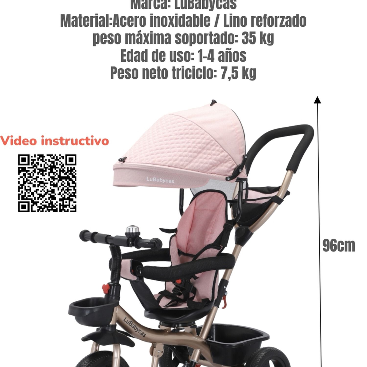 Triciclo 3 En 1 Con Apoya Pies 360&deg;lubabycas Rosado image number 6.0