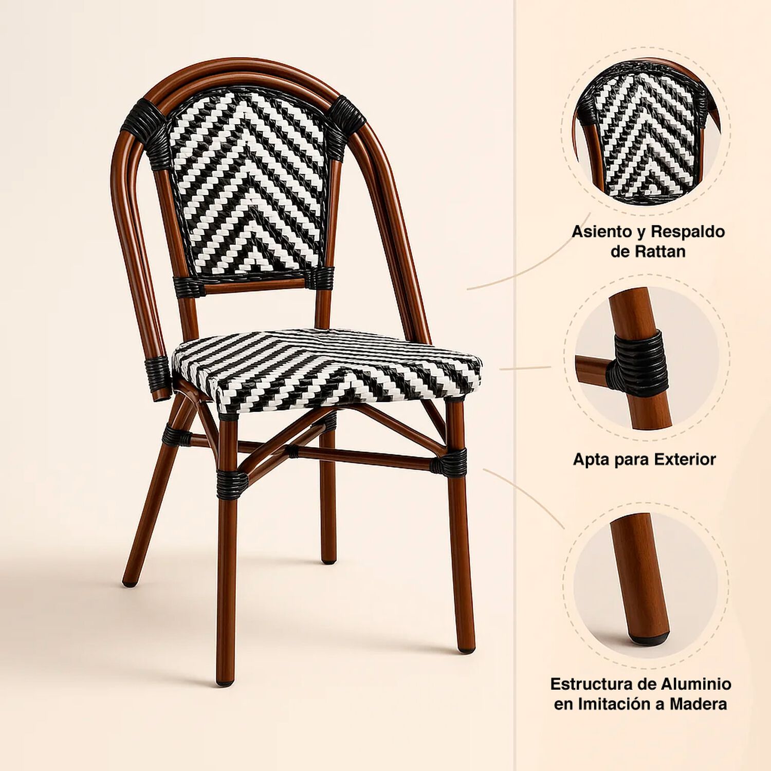 Pack De 4 Sillas Bistro Parisina Rattan - Blanca Con Negro image number 4.0