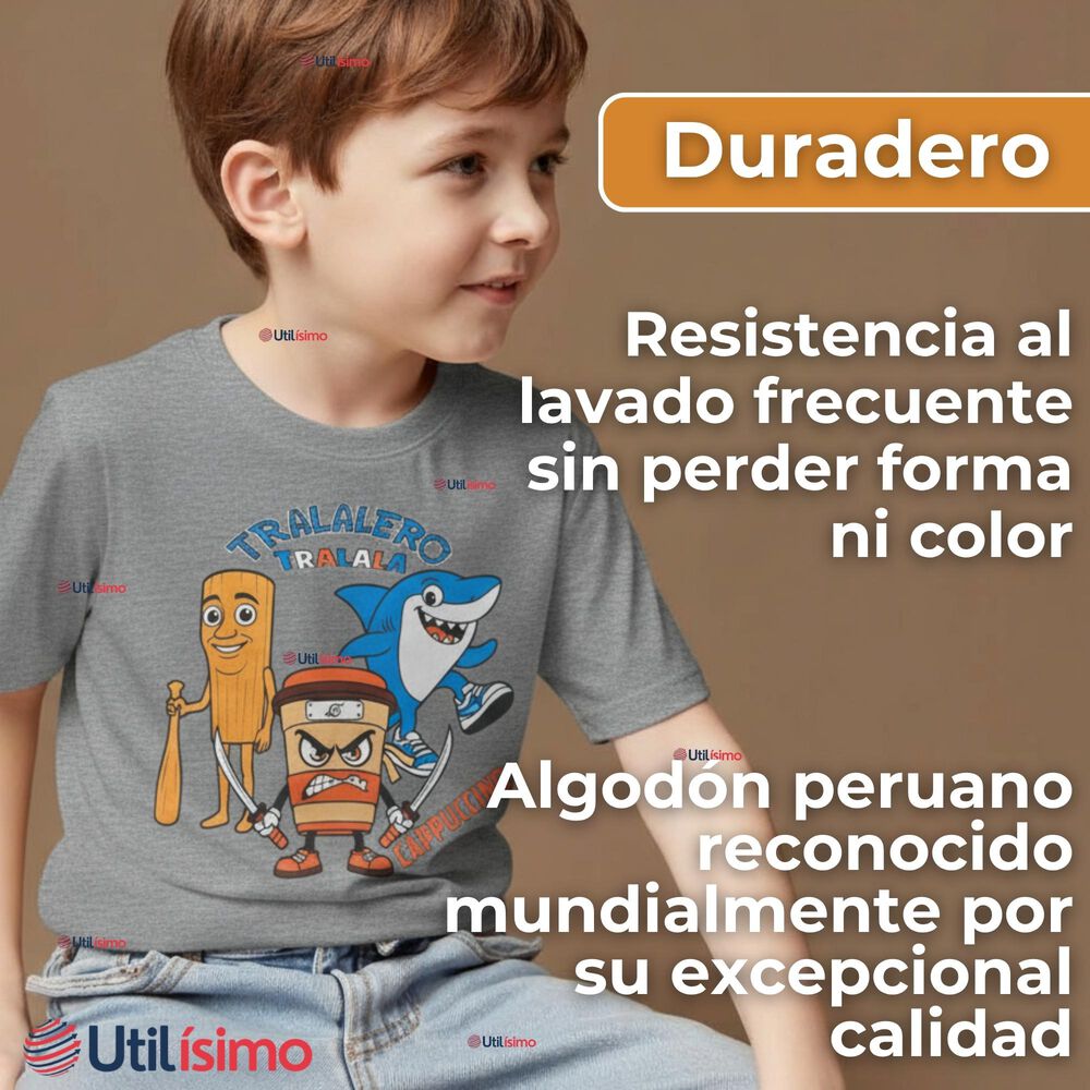 Polera Brainrots 100% Algodón Manga Corta Niño Tralalero Gris Claro image number 5.0