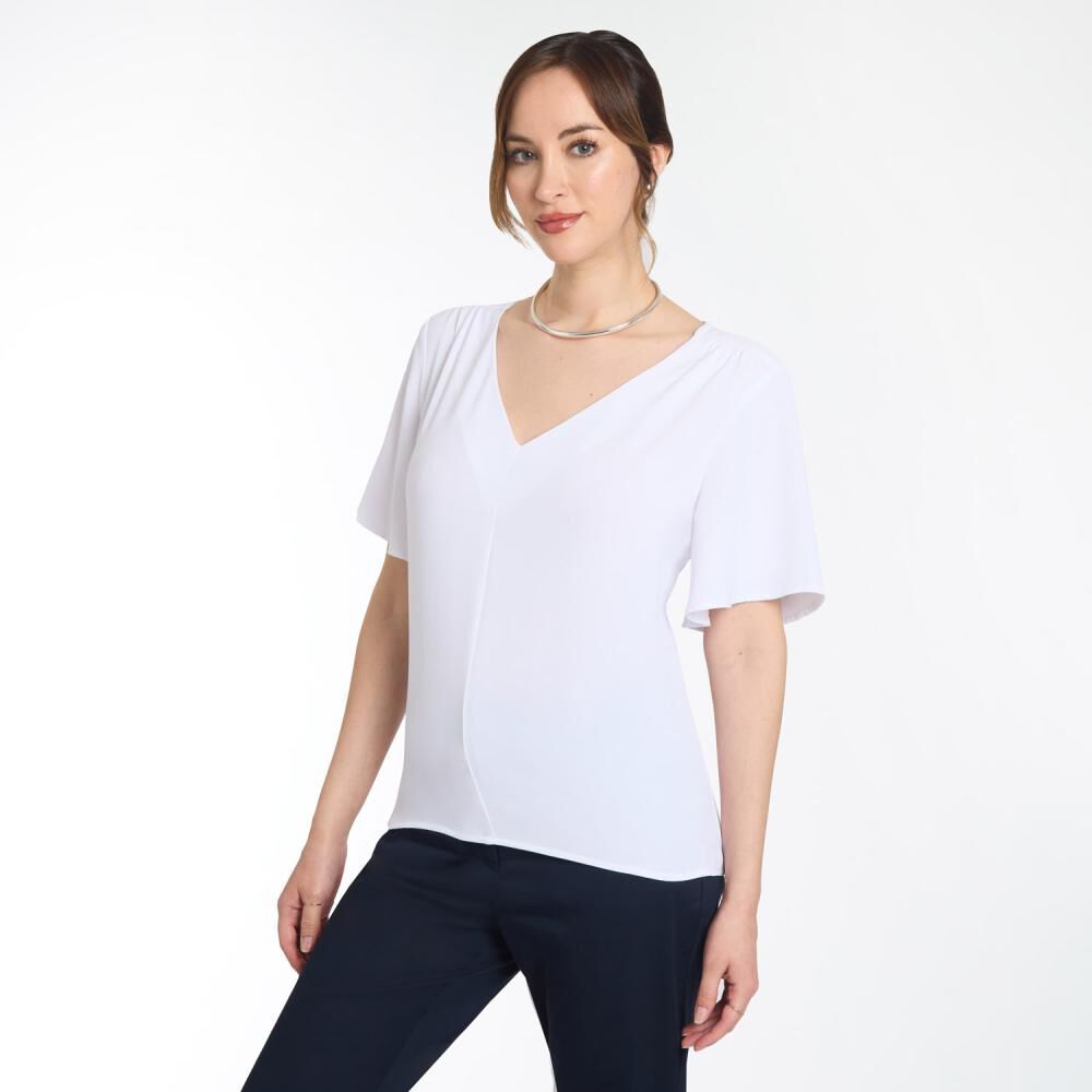 Blusa Lisa Manga Corta Con Aplicaci&oacute;n Recogido En Hombros Cuello V Mujer Lesage image number 2.0