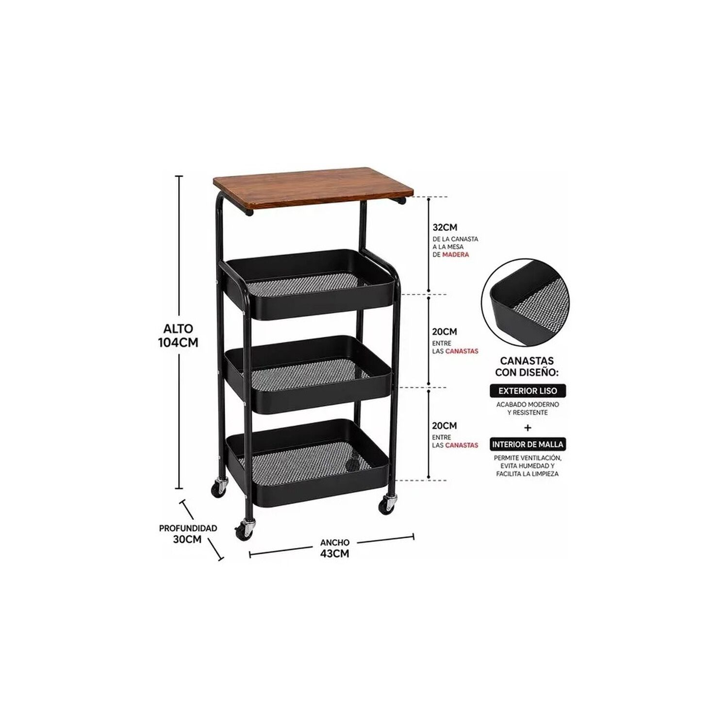 Carro Organizador 3 Niveles Con Ruedas Living Cocina Dorm Caf&eacute; Con Negro image number 4.0