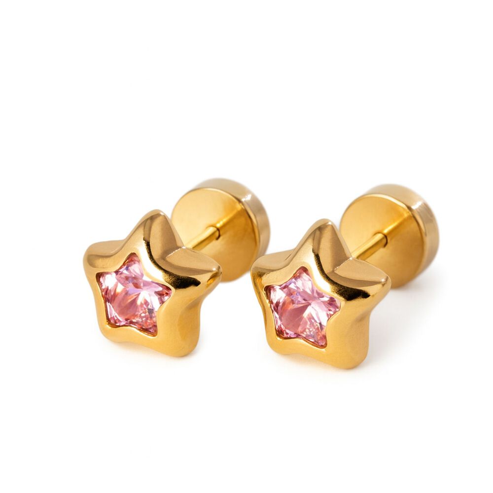 Aros Abridores Estrella 5 Puntas 7mm Oro 18k Circ&oacute;n Rosado A Presi&oacute;n Ni&ntilde;a Juvenil Mujer image number 0.0