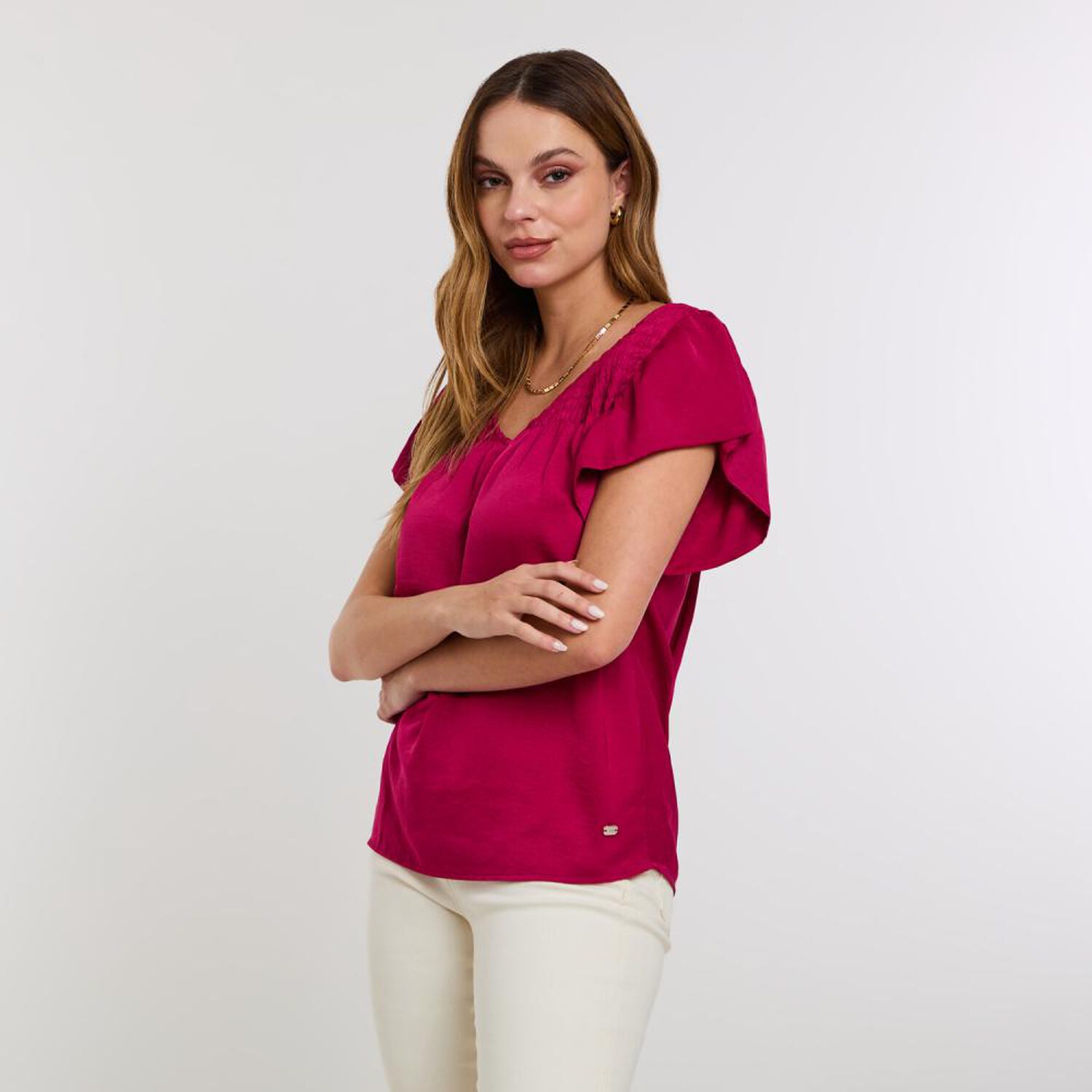 Blusa Panel E&aacute;sticado En Escote Manga Corta Mini Vuelo Mujer Kimera image number 2.0