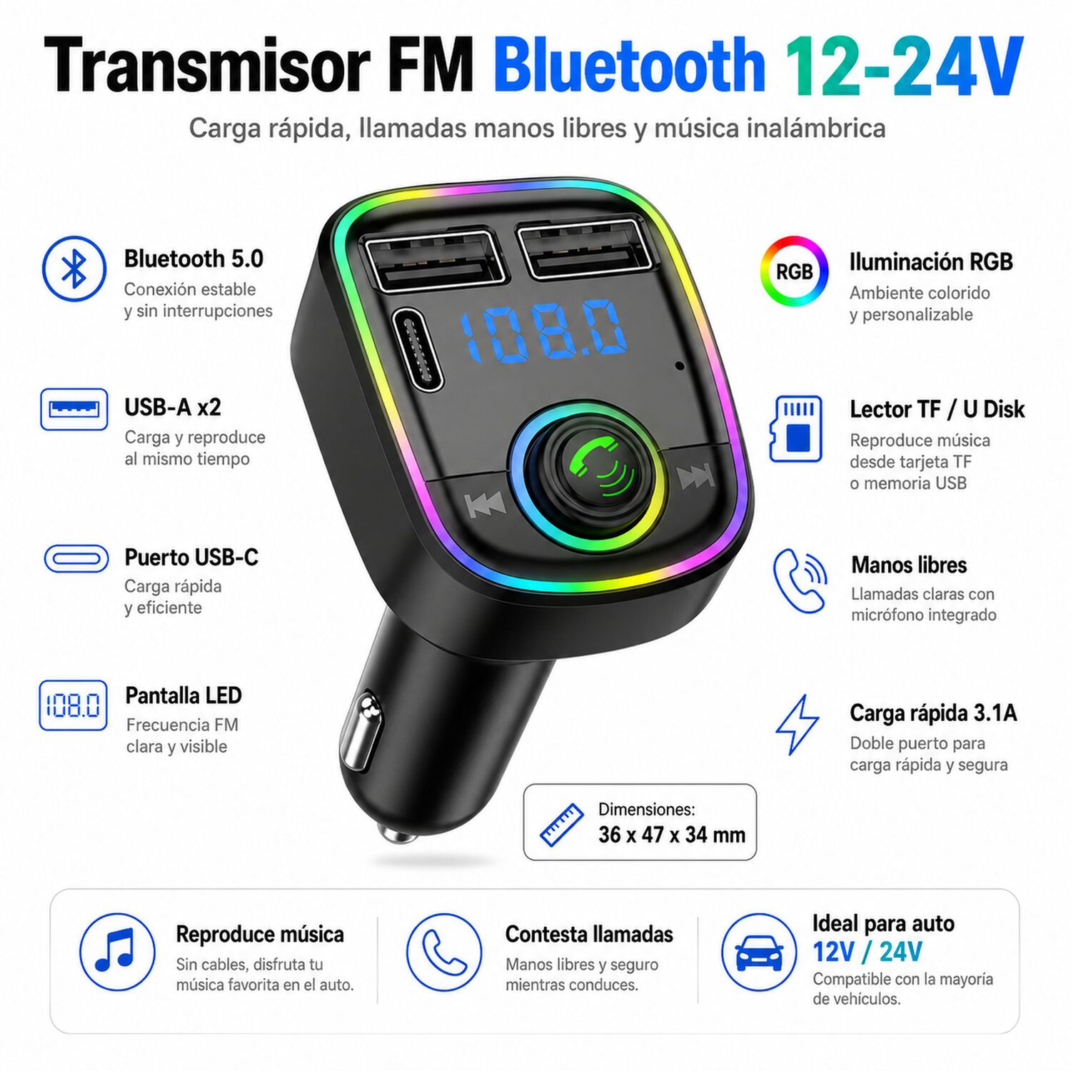 Transmisor Fm Bluetooth + Puerto Quick Charge 20w 12/24v Rgb image number 3.0