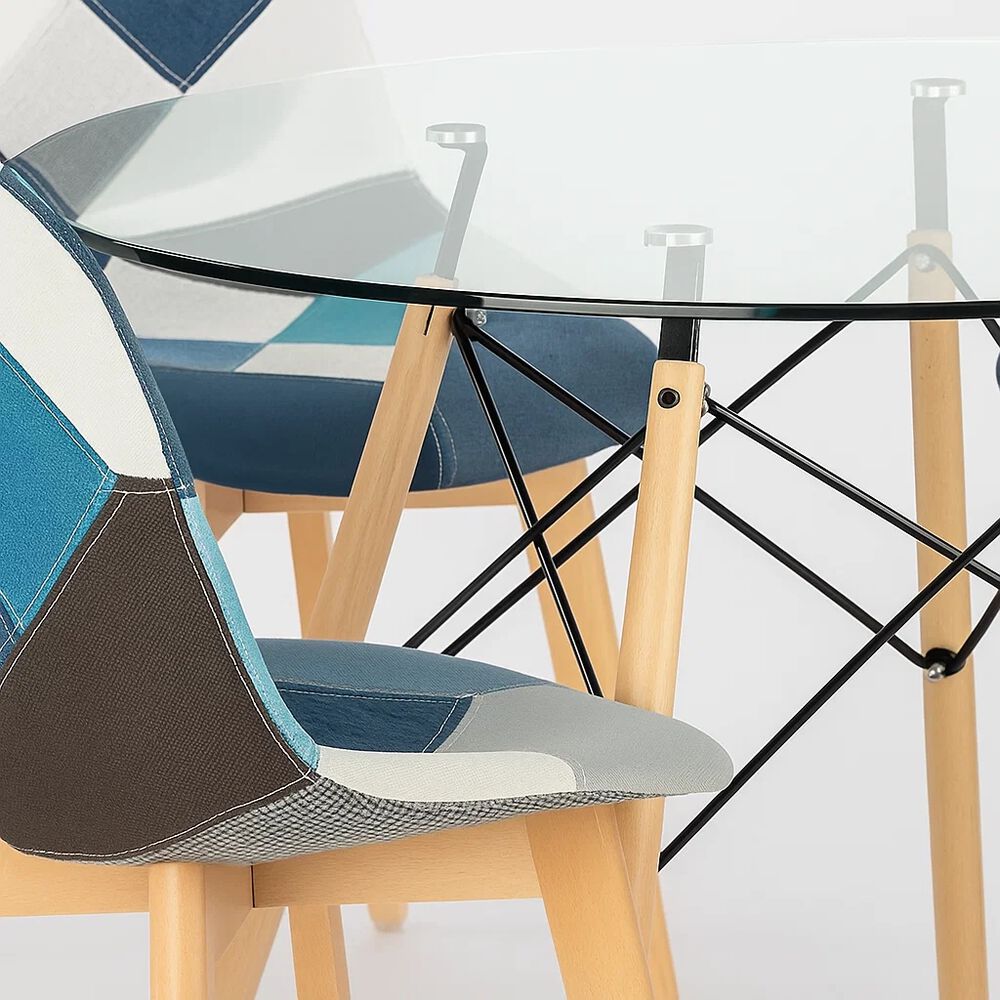 Comedor Mesa Eames Redonda Vidrio 80cm + 4 Sillas Eames Patchwork Tela Wood Celeste image number 7.0