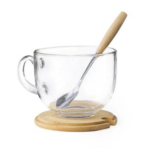 Taza Mug Vidrio Cuchara Posavasos Bamb&uacute; Vidrio Yirax 420 Ml