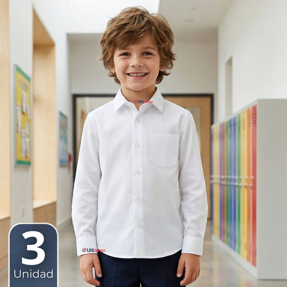 Pack 3 Camisa Escolar Blanca Manga Larga Colegio Para Ni&ntilde;os image number 0.0