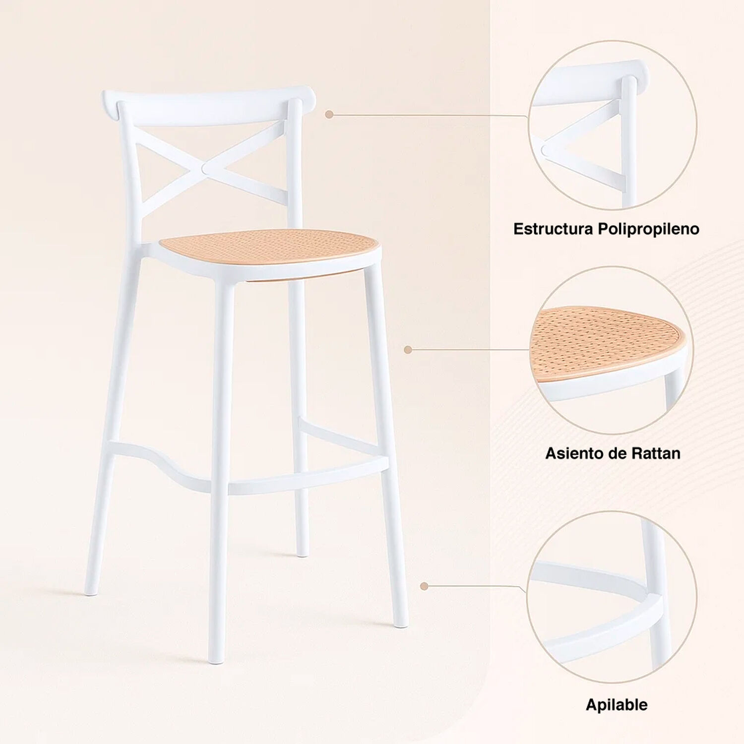 Taburete Crossback Danubio Piso De Bar O Terraza Exterior - Blanco image number 4.0