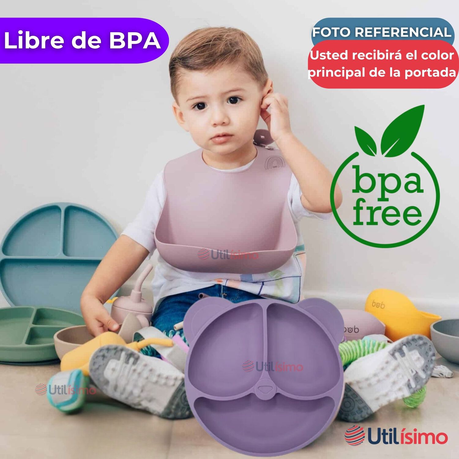 Set De Alimentaci&oacute;n Beb&eacute; Silicona De Oso 6 Piezas Libre Bpa Color Lila image number 2.0