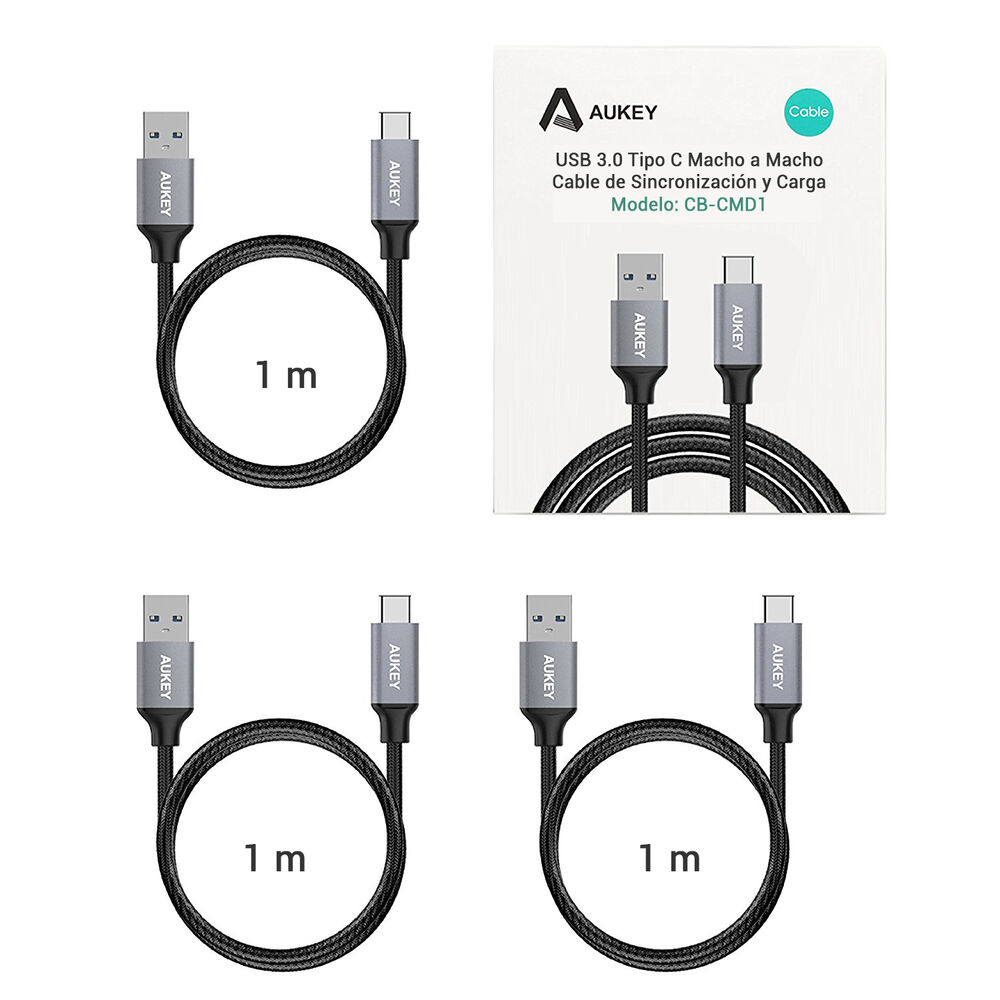 Aukey Cable Usb Pack 3 Cables Trenzados Usb A Usb-c 1m Negro - Cb-cmd1 image number 1.0