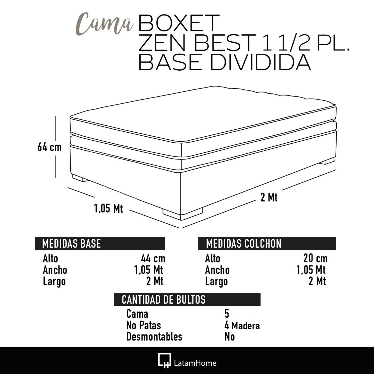 Cama Funcional Boxet 1 1/2 Plaza Colchon Resortes New Top Funda Lavable Beige image number 5.0