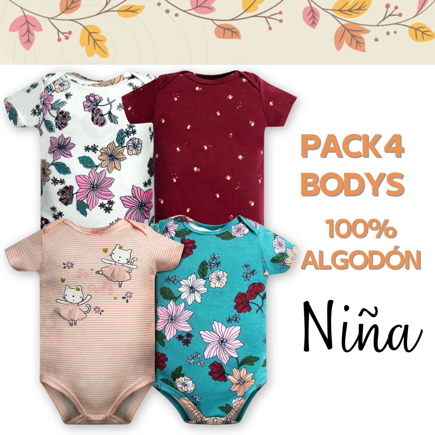 Pack 4 Bodys Ni&ntilde;a Manga Corta Tedmimak 100% Algod&oacute;n Bailarina Ballet image number 4.0