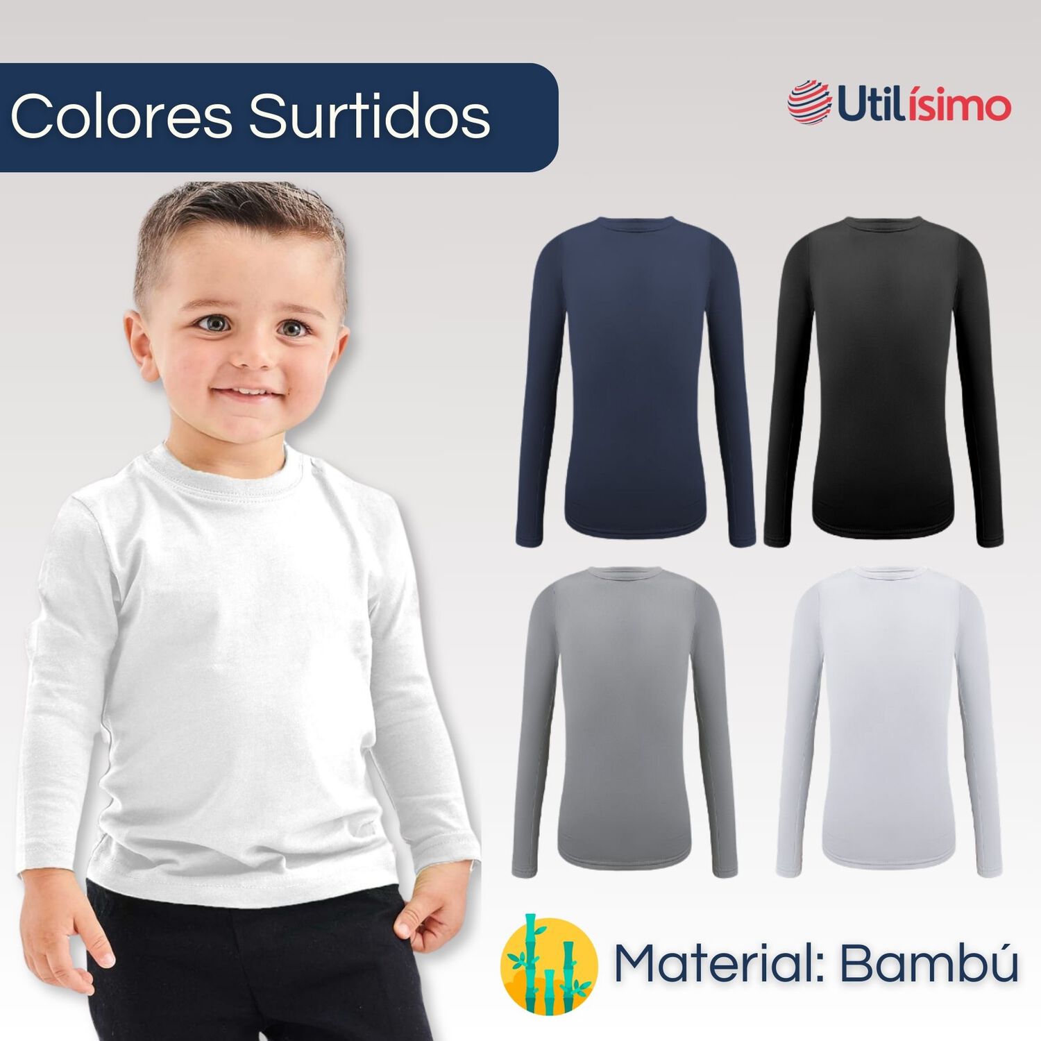 Pack 3 Camisetas Bamb&uacute; Primera Capa Ni&ntilde;o Manga Larga Ni&ntilde;o image number 2.0