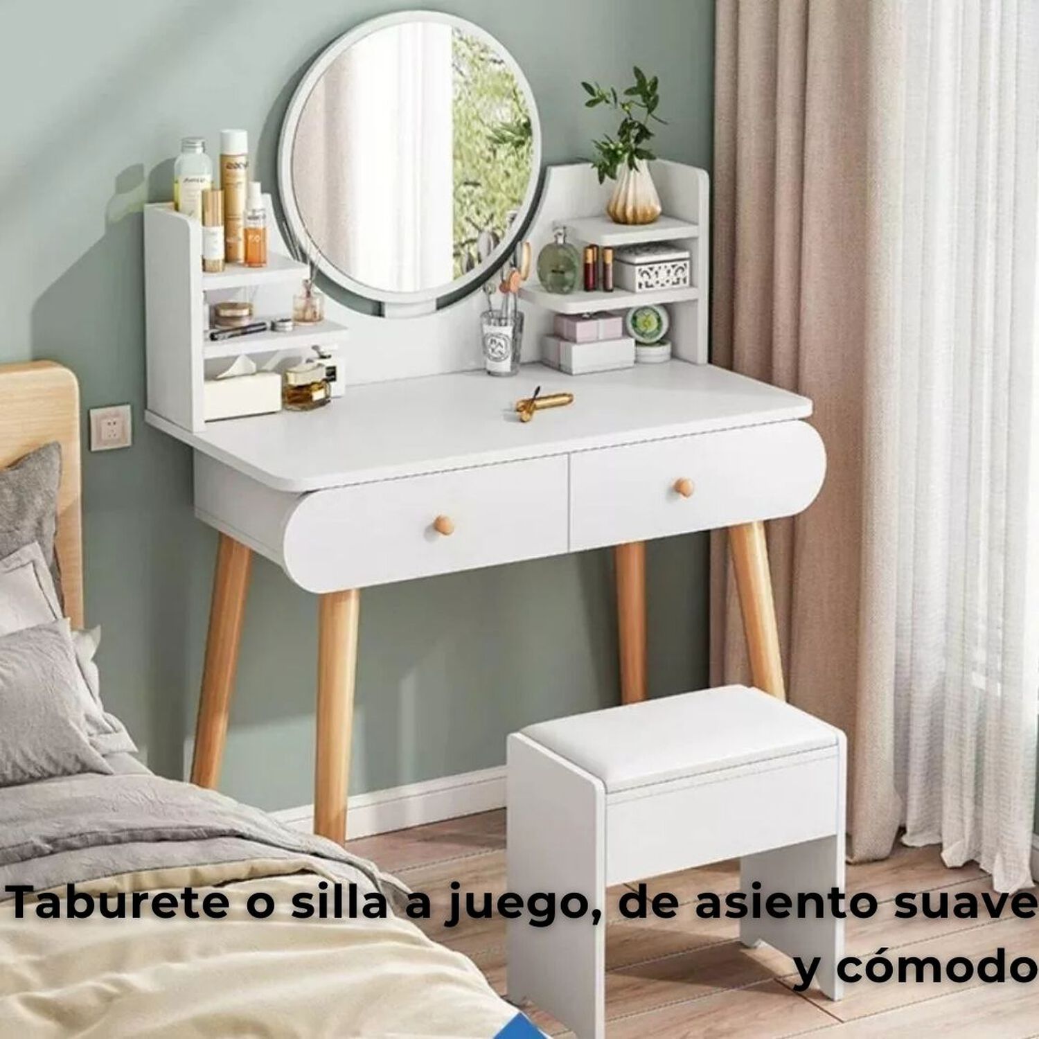 Peinadora Tocador De Madera Con Espejo Y Luz Incluye Taburete image number 6.0