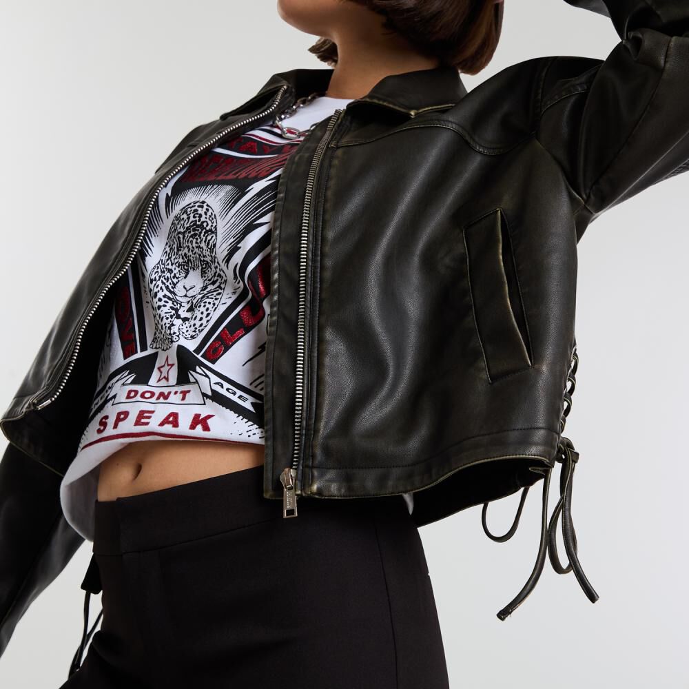 Chaqueta Ecocuero Amarras Laterales Cuello Camisero Mujer Rolly Go image number 4.0