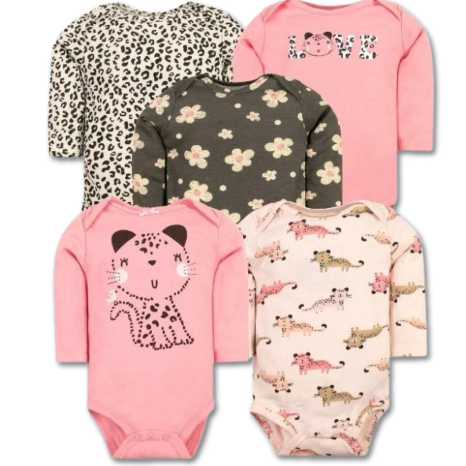 Pack 5 Bodys Ni&ntilde;a Manga Larga Tedmimak 100% Algod&oacute;n Pink Cat image number 0.0