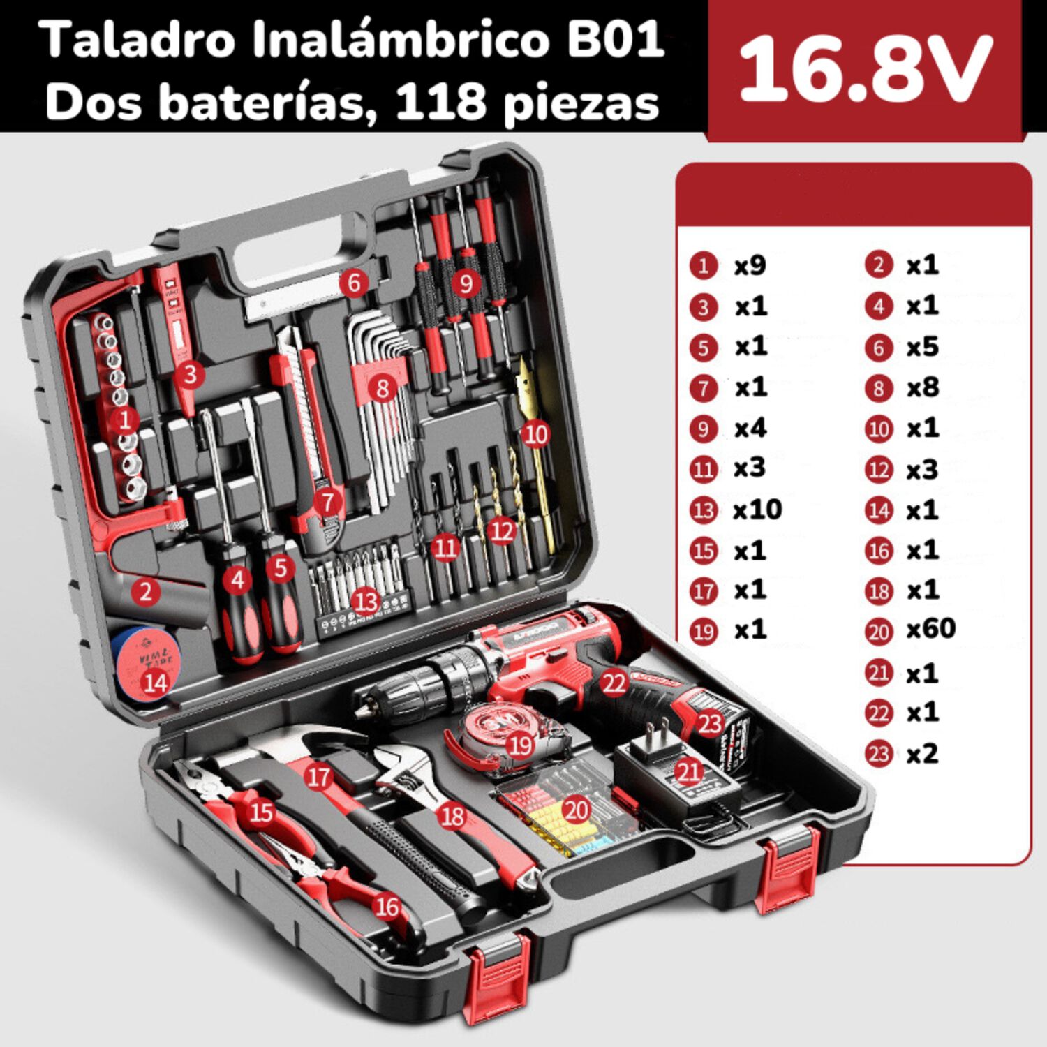 Kit Taladro Inal&aacute;mbrico 2 Bater&iacute;as 16,8v 118 Piezas B01 image number 3.0