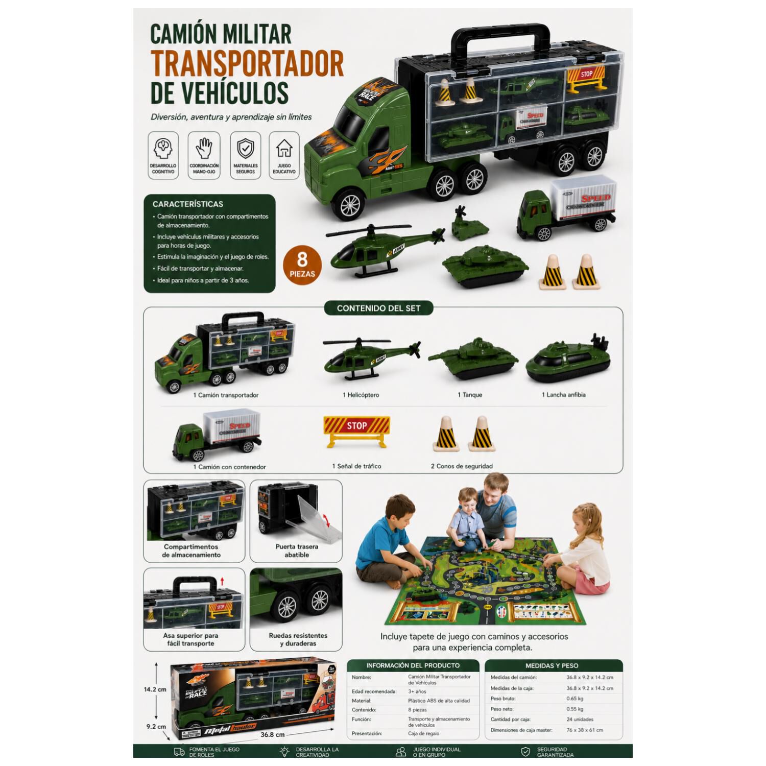 Juguete Camion Militar 8pzas Con Mat 50x50cm Infantil image number 3.0