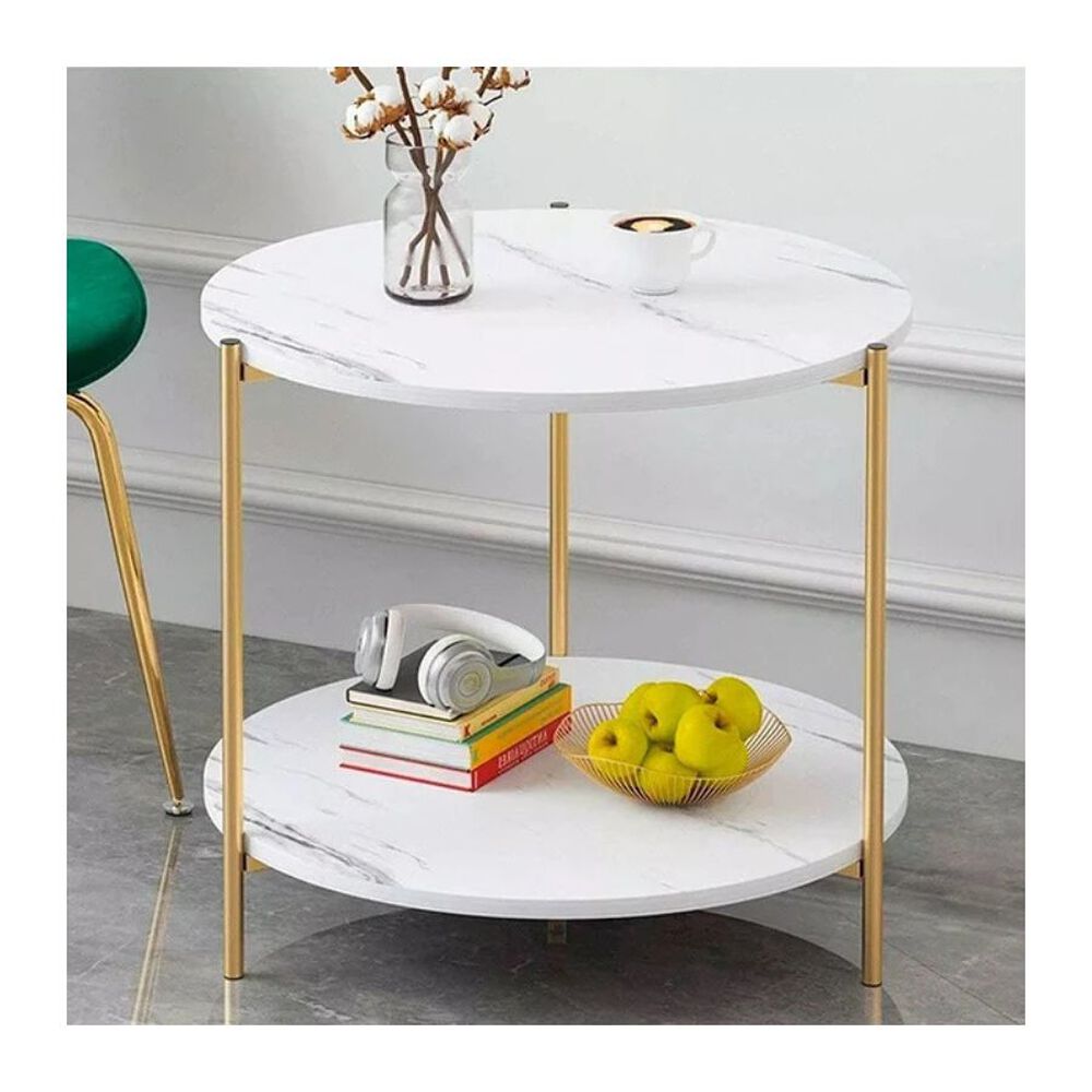 Mesa Auxiliar Moderna Marmoleado Decoracion Redondo Blanco image number 2.0