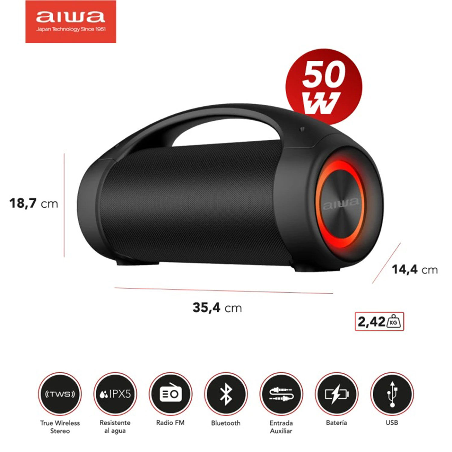 Parlante Port&aacute;til Bluetooth Tws Usb Boombox 26w Aiwa Aw-s600 image number 1.0
