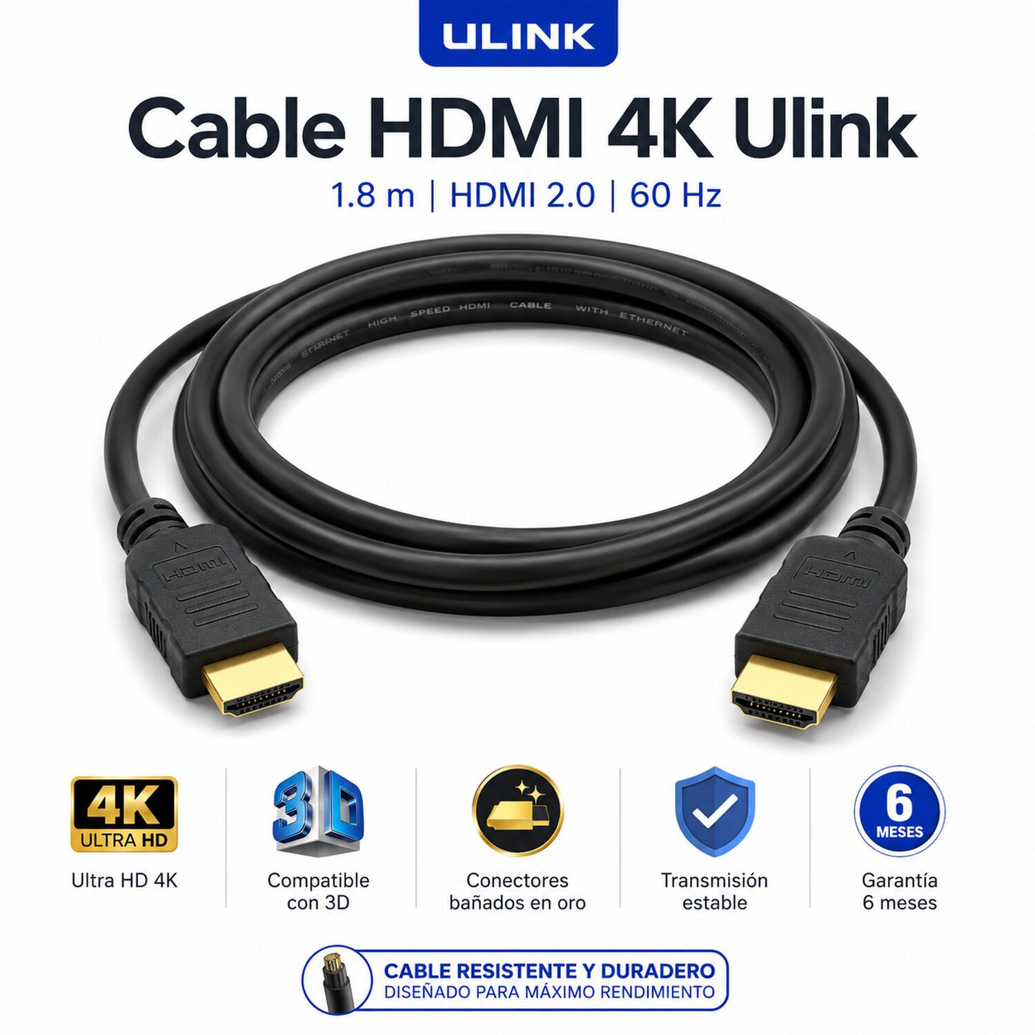 Cable Hdmi 4k 1.8m Ultra Hd Versi&oacute;n 2.0 3d Hdtv Ulink 150163 image number 4.0