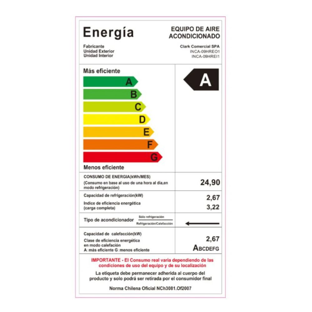 Aire Acondicionado Tipo Split Muro De 9000 Btu Inverter Clark image number 4.0