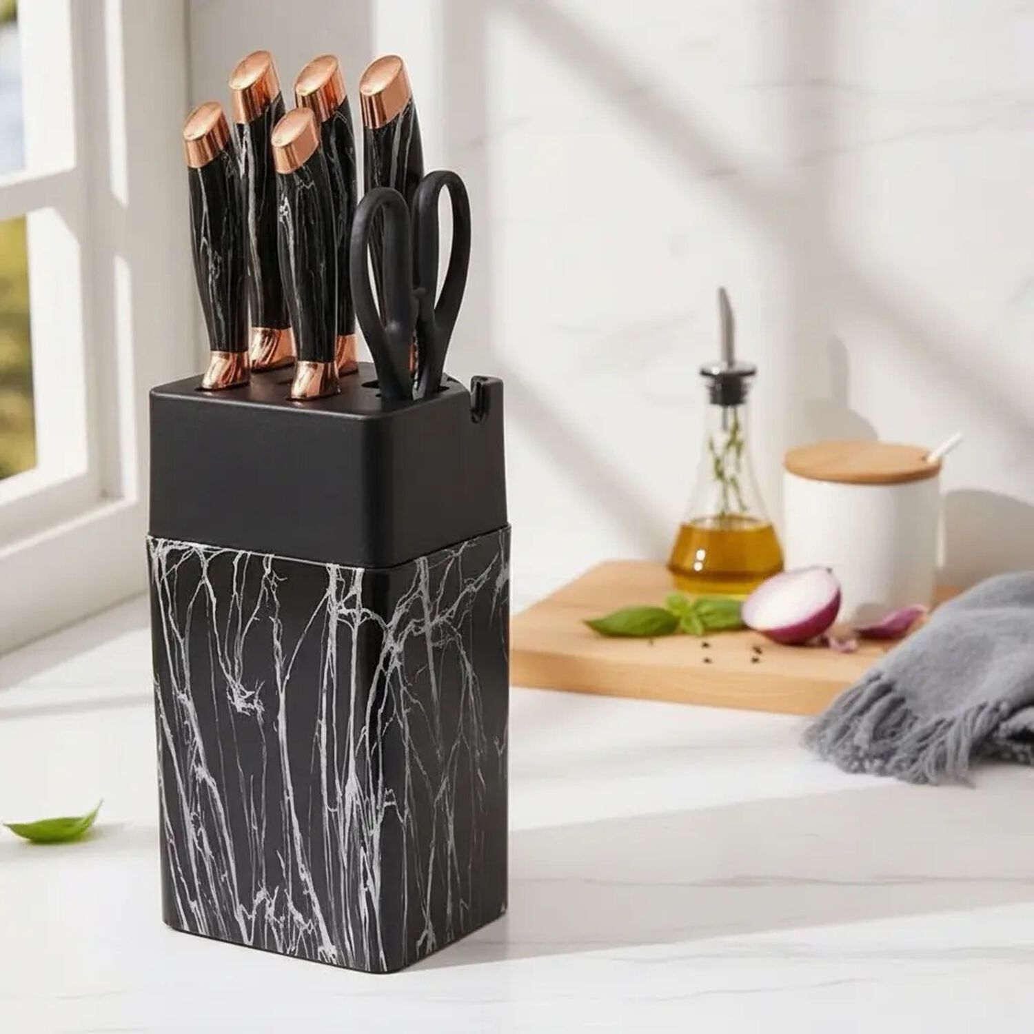 Set De Cuchillos De Cocina De 7 Piezas Marble Lux Con Tijera Color Negro Plateado image number 3.0