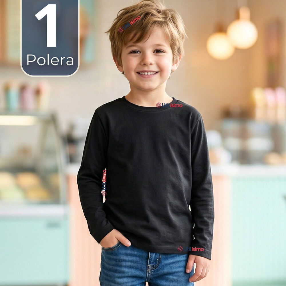 Polera Camiseta Bamb&uacute; Negra Cuello Redondo Primera Capa Manga Larga Ni&ntilde;o image number 0.0