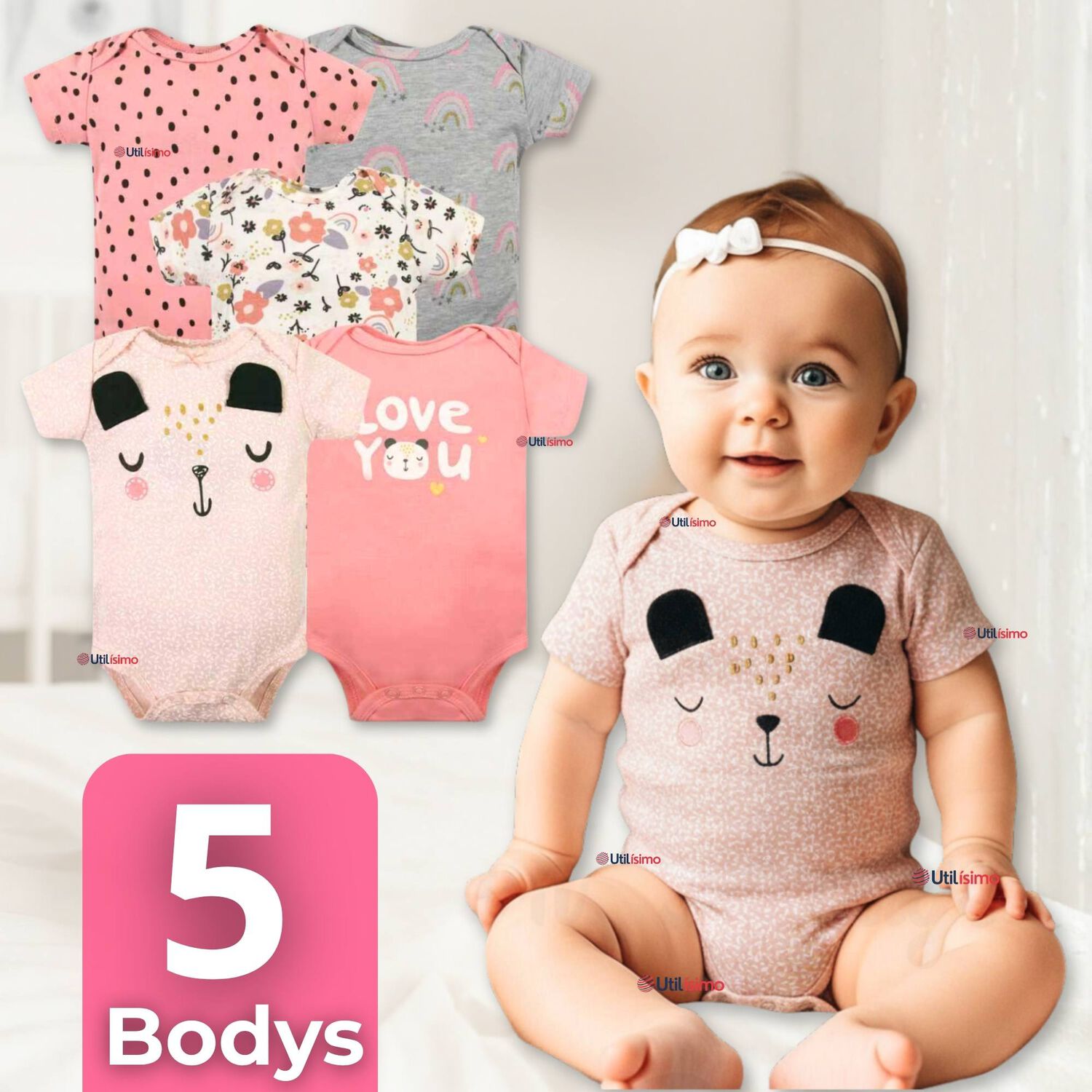 Pack 5 Bodys Ni&ntilde;a Manga Corta Tedmimak 100% Algod&oacute;n Princess Love image number 0.0