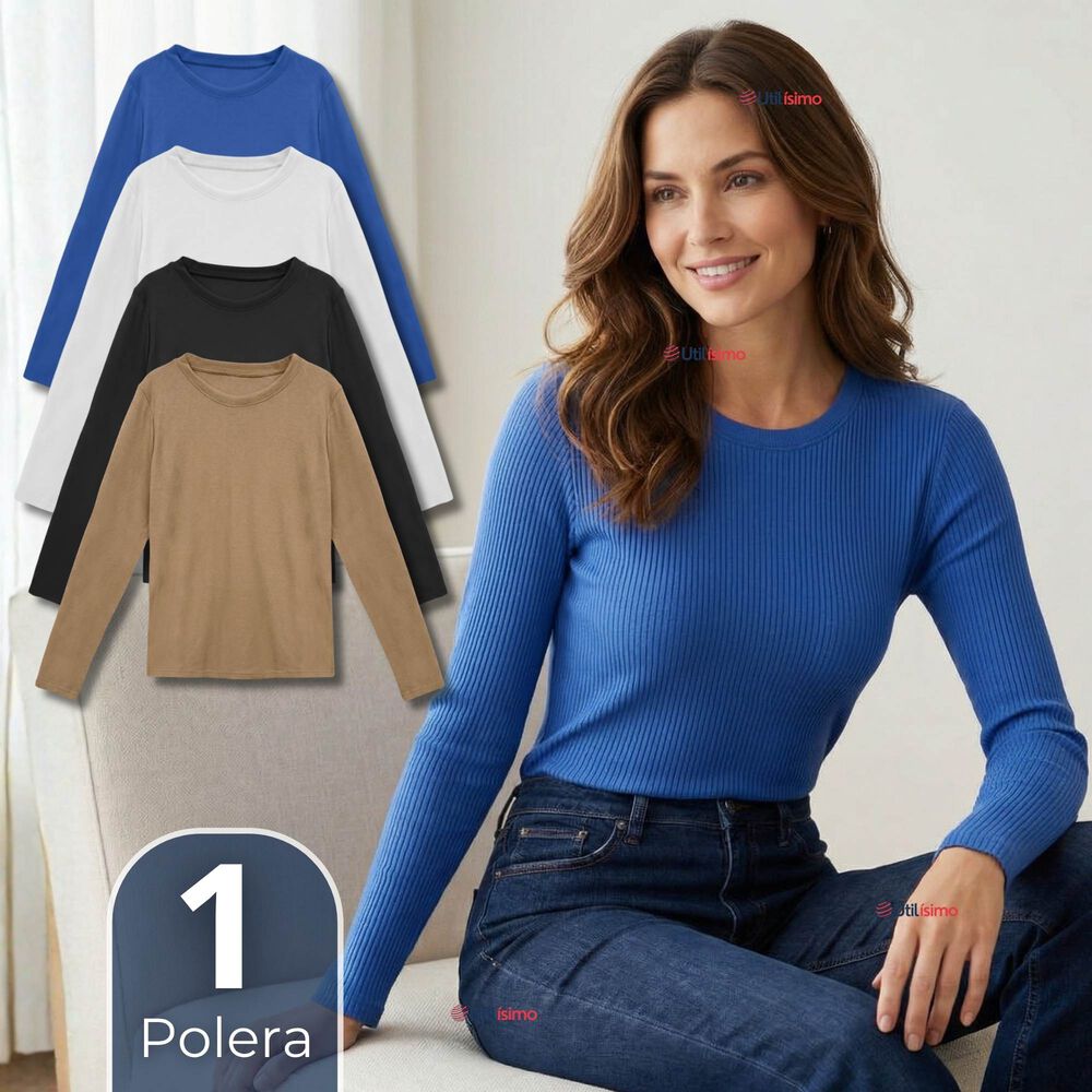 Camiseta Polar Polera Cuello Redondo Mujer Manga Larga Tela Acanalada Colores Surtidos image number 0.0