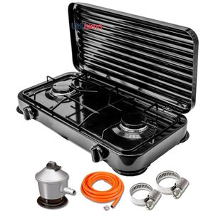 Cocinilla Encimera A Gas Licuado 2 Platos Negra + Kit De Instalaci&oacute;n