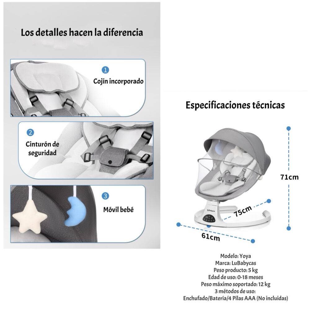 Mecedora El&eacute;ctrica 2 En 1 Bluetooth Yoya Gris Lubabycas image number 7.0