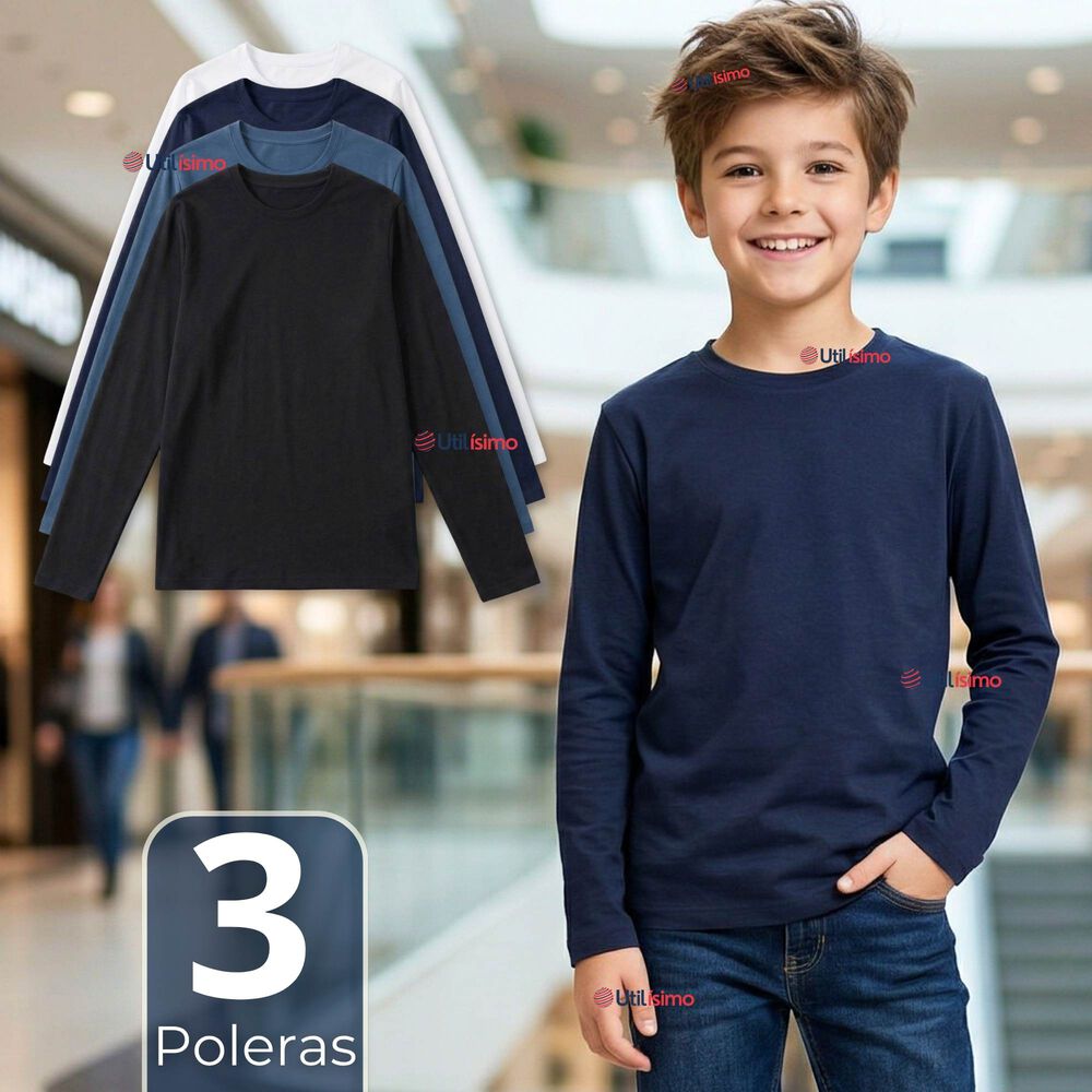 Pack 3 Poleras Camisetas Bamb&uacute; Cuello Redondo Primera Capa Manga Larga Colores Surtido Ni&ntilde;o image number 0.0