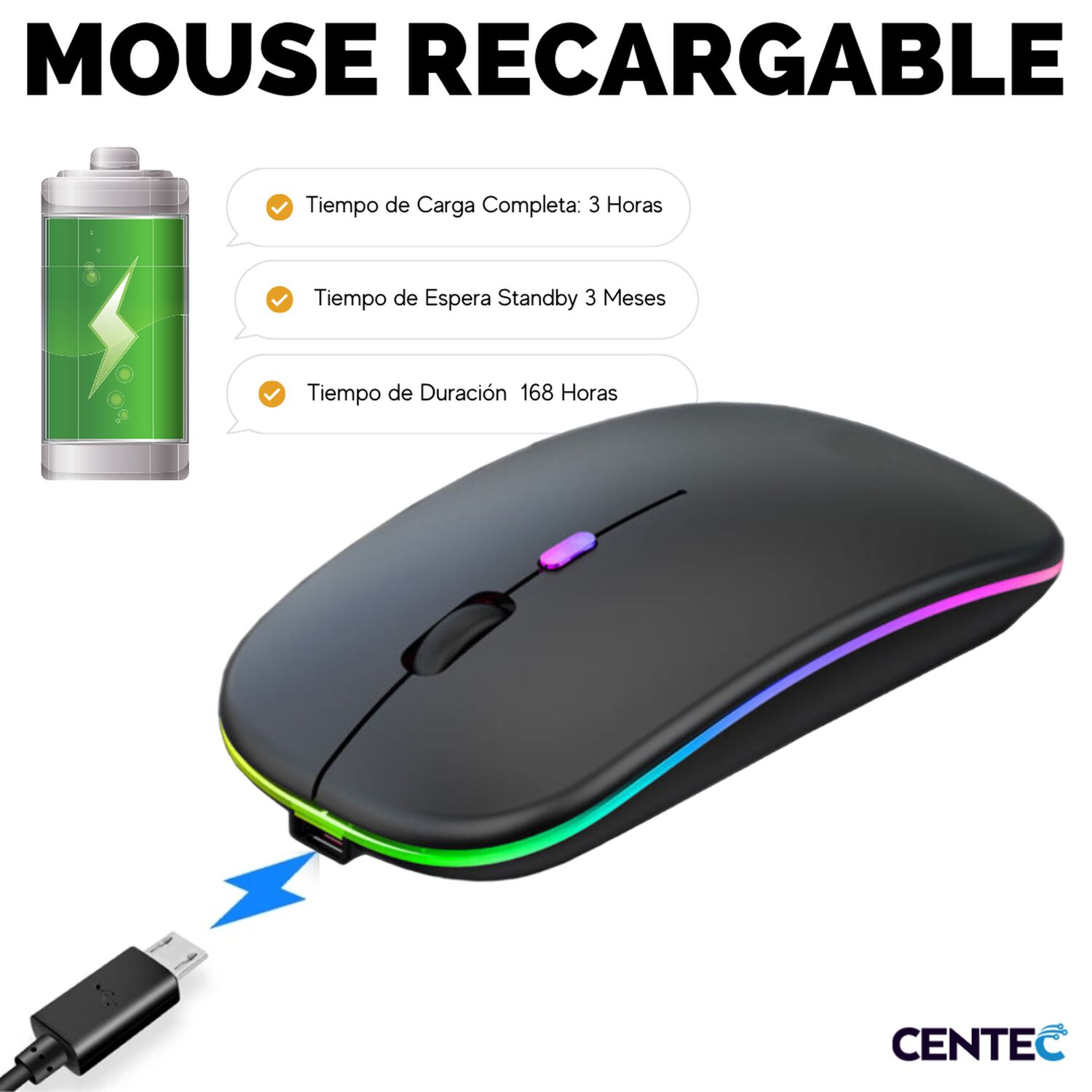 Mouse Inal&aacute;mbrico Dual Bluetooth + Usb 2g Recargable Rgb Bk image number 6.0
