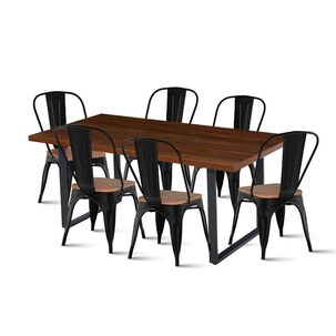 Comedor Industrial 160x90 Oscura + 6 Sillas Tolix Negras Con Asiento De Madera Oscura Walnut Comedor Industrial 160x90 Oscura + 6 Sillas Tolix Negras Con Asiento De Madera Oscura Walnut