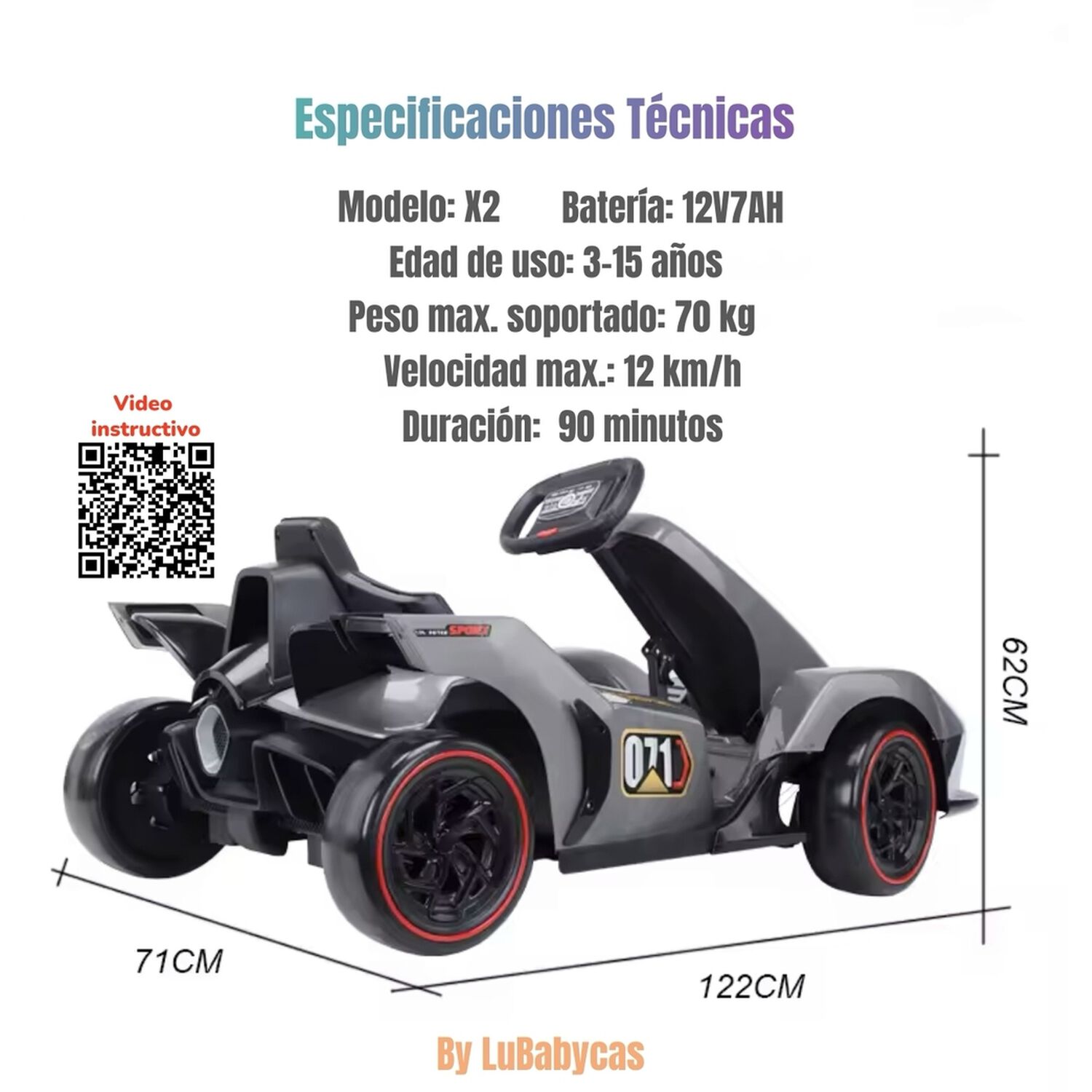 Go Kart Auto El&eacute;ctrico 12v7ah Con Control Rojo X2 Lubabycas image number 11.0
