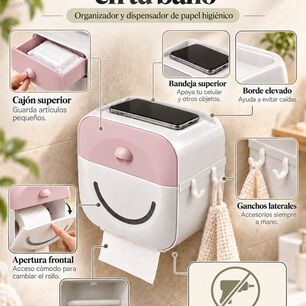 Dispensador De Confort Porta Papel Higi&eacute;nico Con Caj&oacute;n Superior Y Soporte Para Rollo Rosa