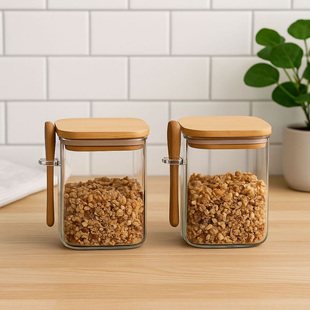 Set 3 Frascos Contenedores 570ml 10cm Cuadrado Cuchara Bambú image number 2.0