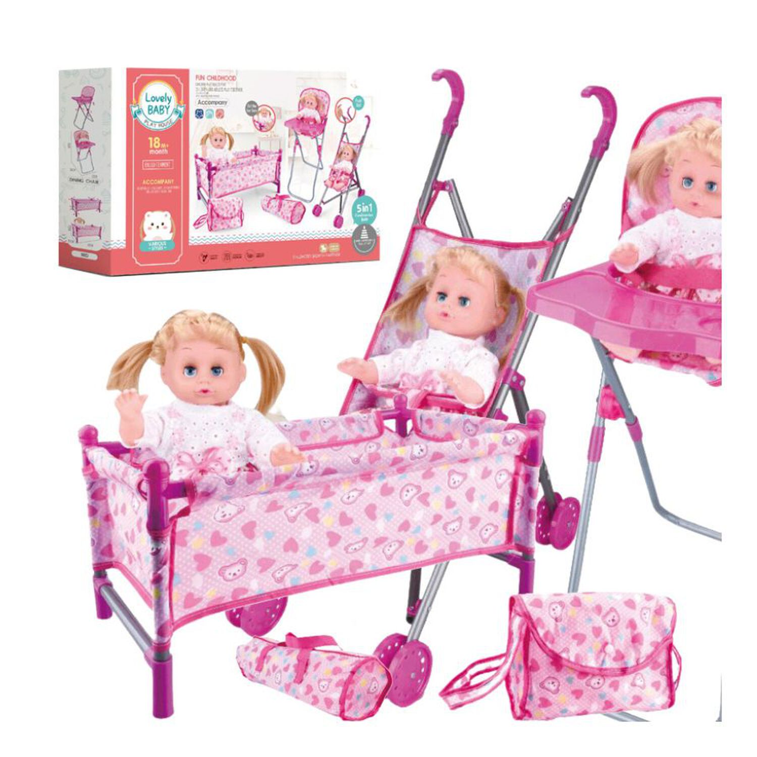 Set Juego Mu&ntilde;ecas 5 En 1 Cuna Coche Silla Comedor Y Bolso image number 3.0