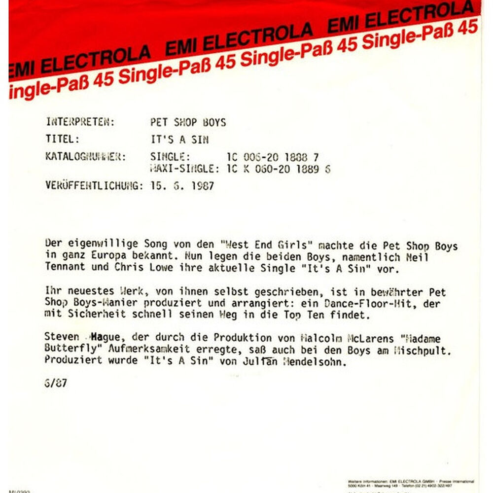 Pet Shop Boys - It's A Sin | 7" Single Usado image number 4.0