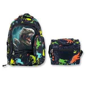 Pack Mochila Lonchera 45cm Juvenil Y Escolar Gray Dinosaur