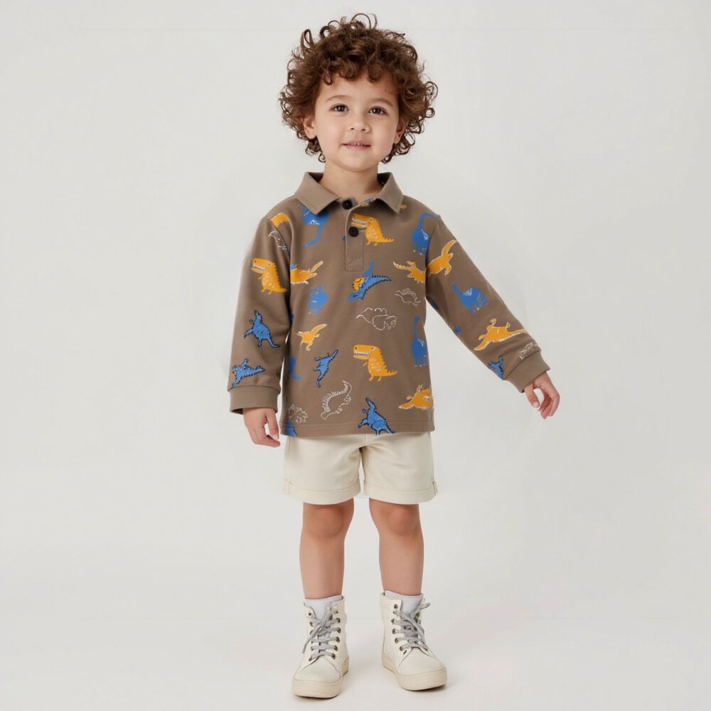 Polera Piqu&eacute; Manga Larga Ni&ntilde;o Con Estampado De Dinosaurios Marr&oacute;n image number 7.0
