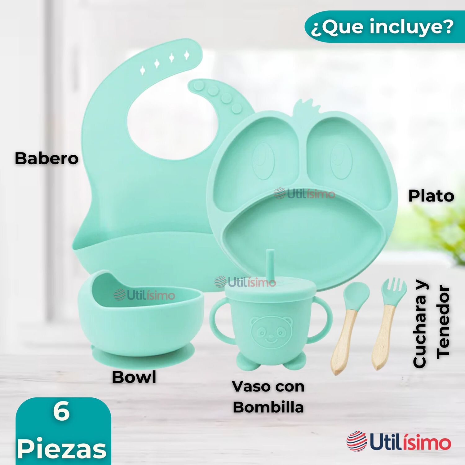 Set De Alimentaci&oacute;n Beb&eacute; Silicona De Formas 6 Piezas Libre Bpa Color Turquesa image number 6.0