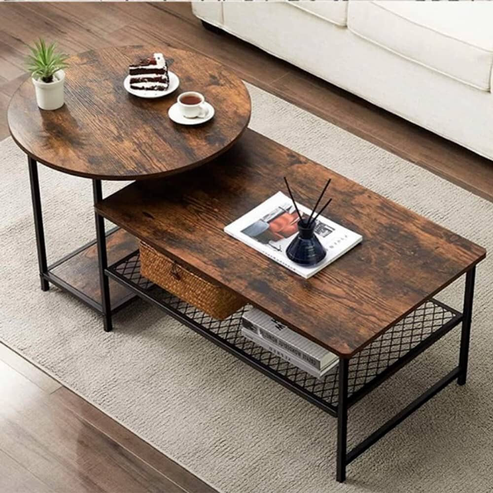 Set Mesas De Centro Rectangular Modular Redonda Estilo Industrial Cubierta Mdf Base Metal Resistente image number 3.0