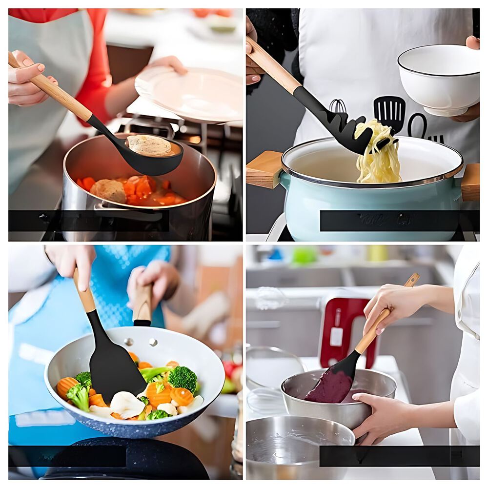 Set De Utensilios De Silicona Y Madera Para Cocina Negro image number 3.0