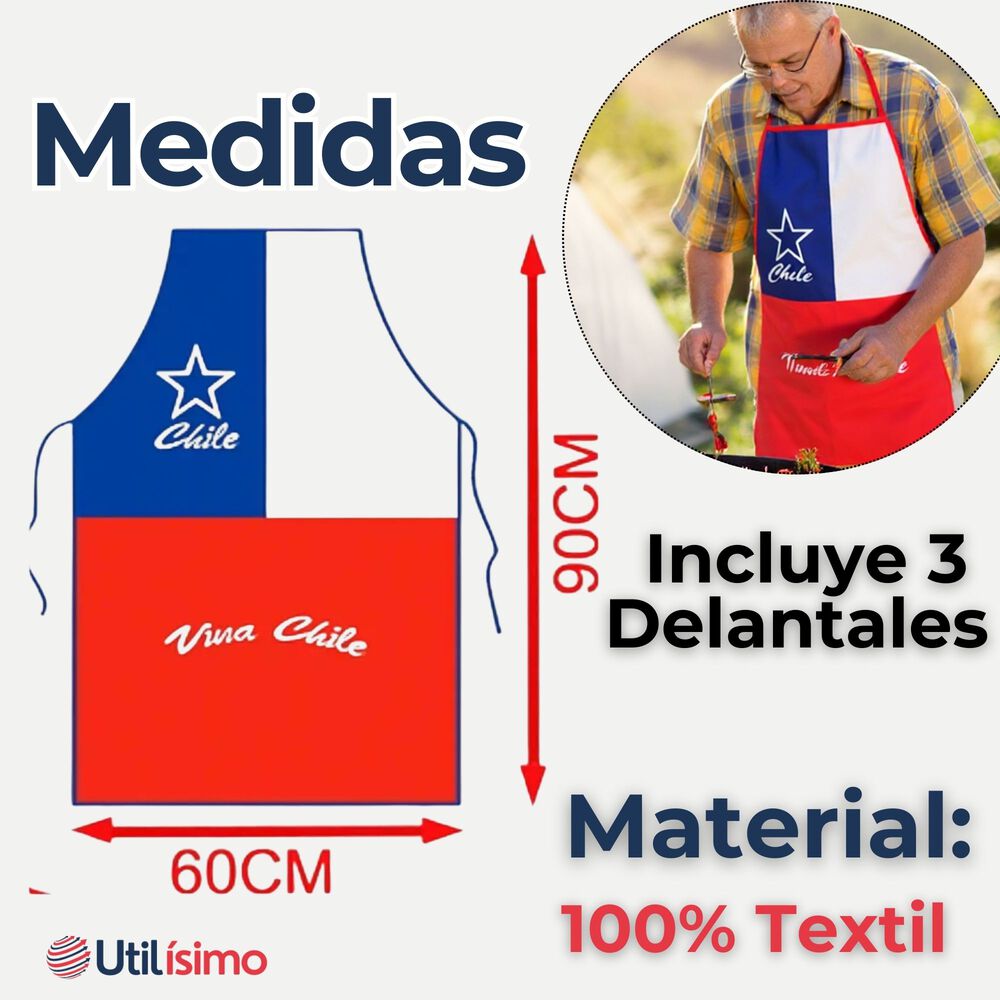 Pack 3 Delantal Cocina Fiestas Patrias Bandera Chile 60x90 Viva Chile image number 1.0